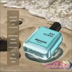 Brit Accent long lasting unisex perfume with fresh sea water, lavender, and mint notes on sandy beach