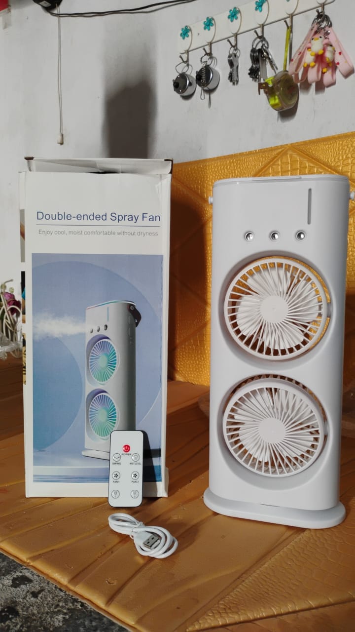 Desktop double-head electric fan with remote control and double-ended spray feature for enhanced cooling