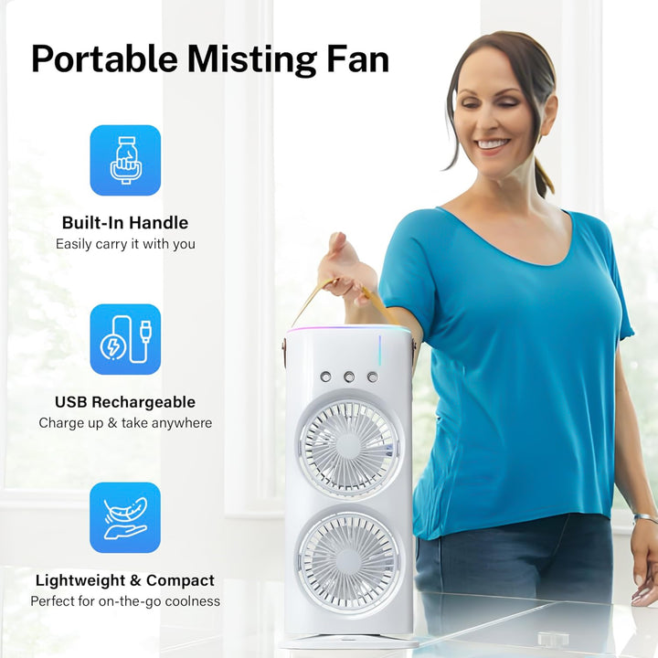 Portable double-head electric fan for desktops with built-in handle and USB recharge capability