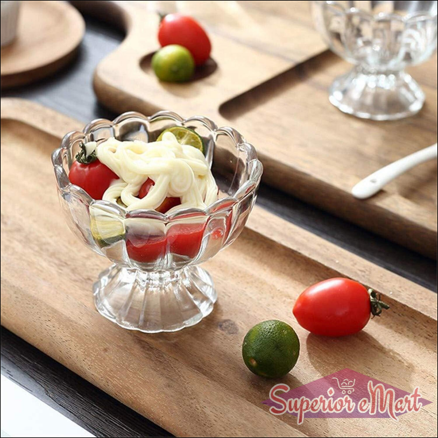 Elegant dessert serving bowls set of 6 in clear glass, perfect for appetizers and desserts