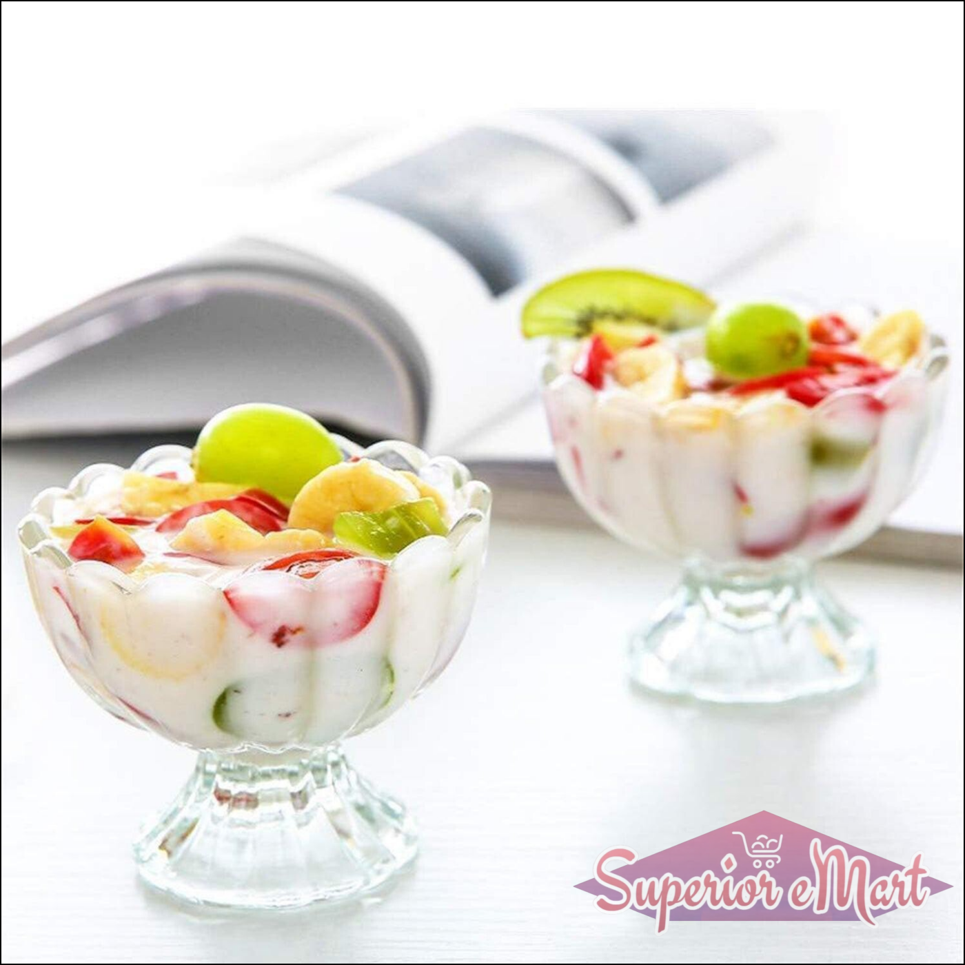 Elegant dessert serving bowls set of 6 filled with colorful fruit salad and cream