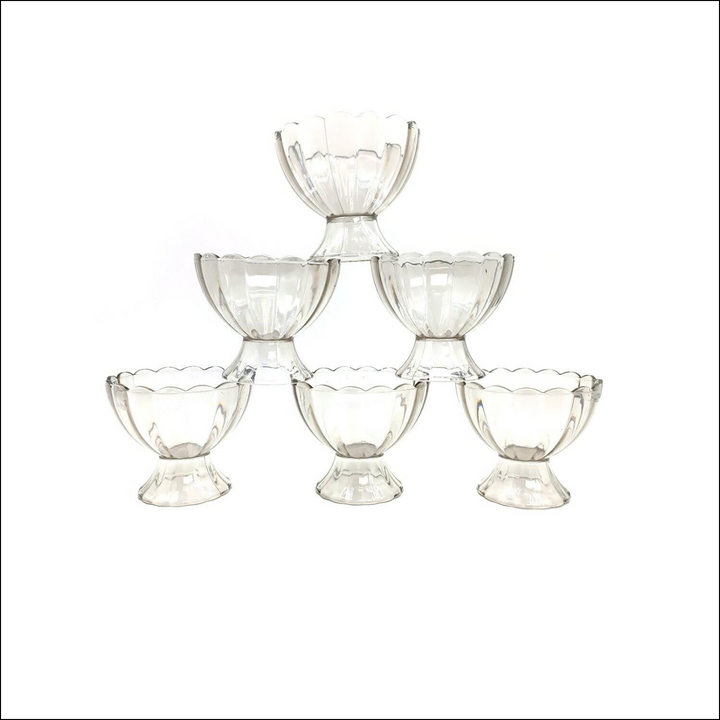 Elegant glass dessert serving bowls set of 6, perfect for cakes, ice cream, and fruit salads
