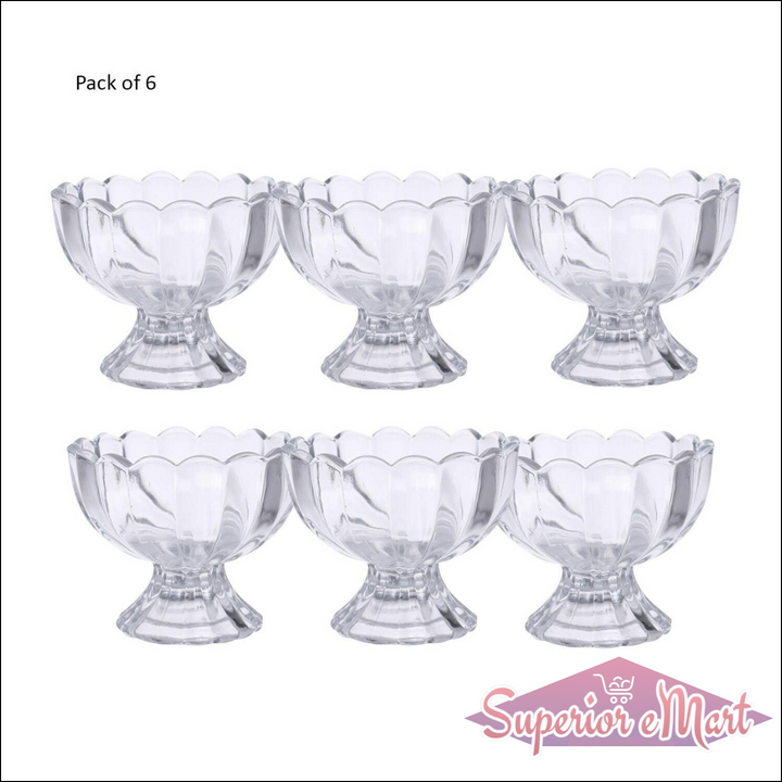 Clear dessert serving bowls set of 6 with elegant scalloped design and sturdy bases
