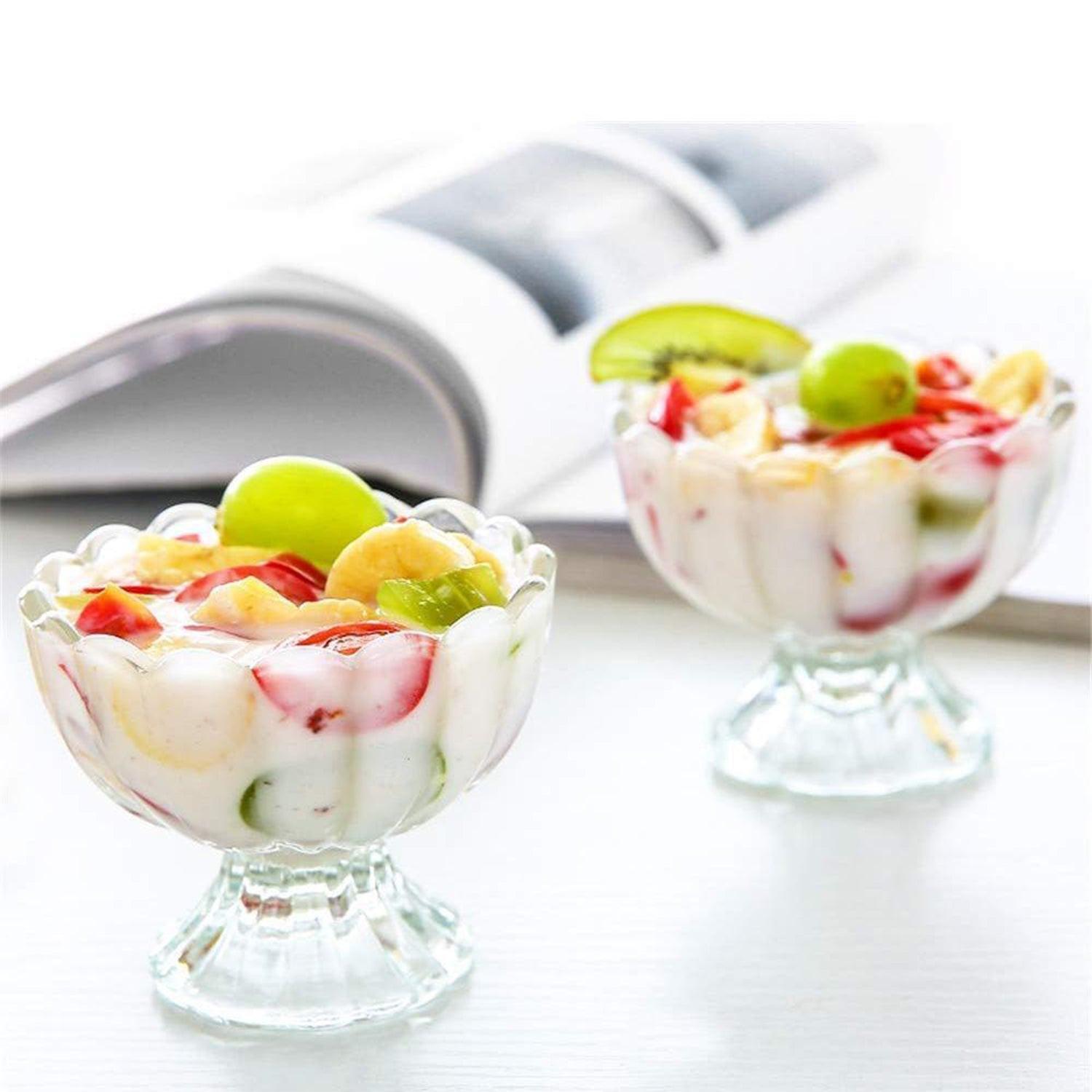 Elegant dessert serving bowls set of 6 filled with colorful fruit salad and cream