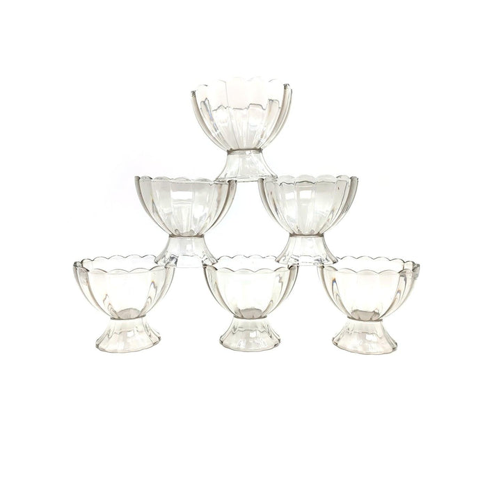 Elegant glass dessert serving bowls set of 6, perfect for cakes, ice cream, and fruit salads