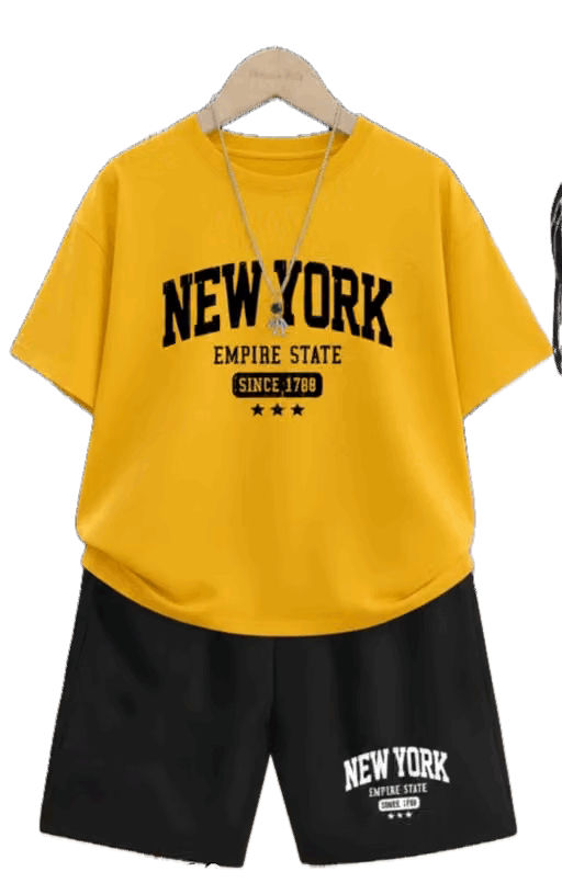 Vibrant boys printed short-sleeve top with round neck and matching printed shorts