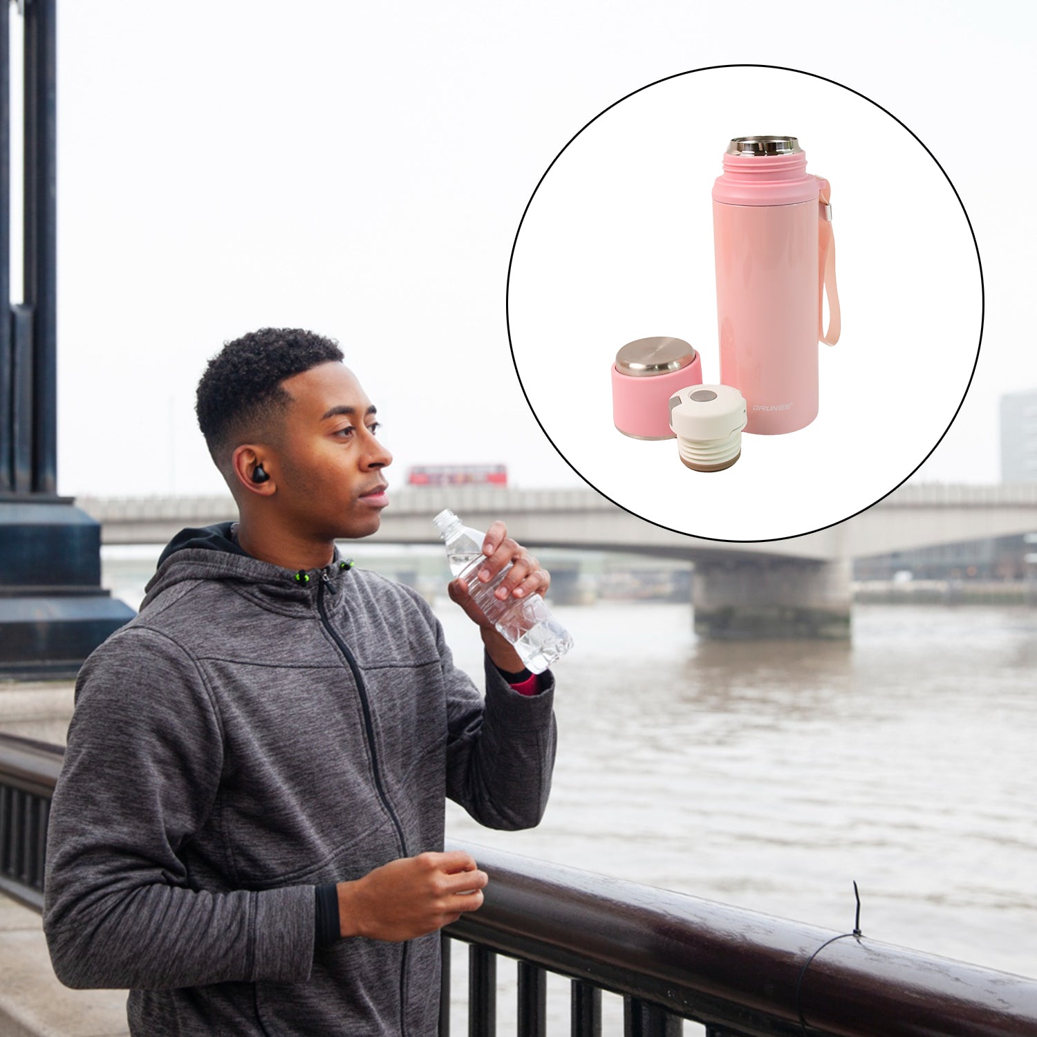 600ml insulated water bottle in pink with stainless steel lid and strap from Superior eMart