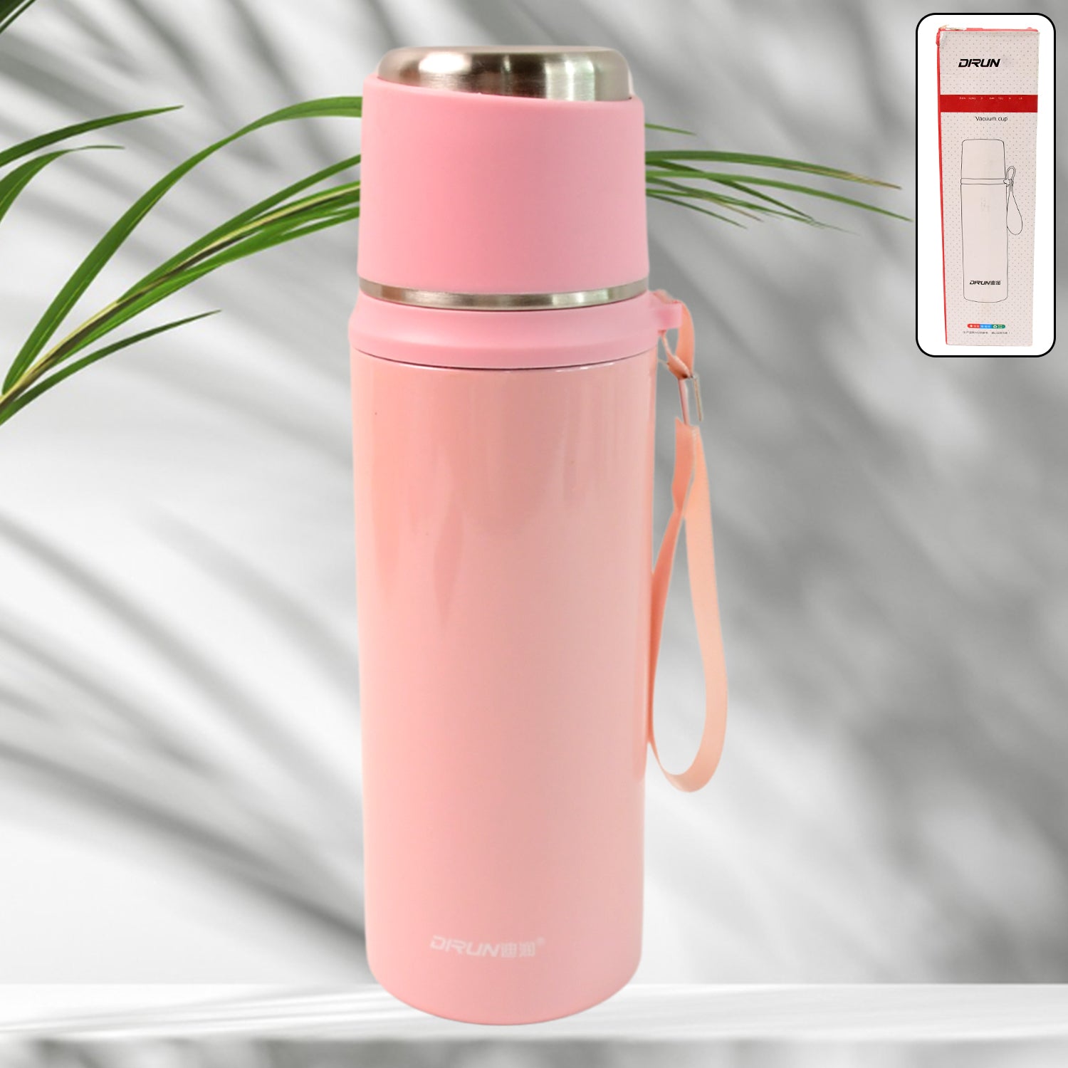 Superior eMart 600ml insulated water bottle in pink with stainless steel lid and carrying strap
