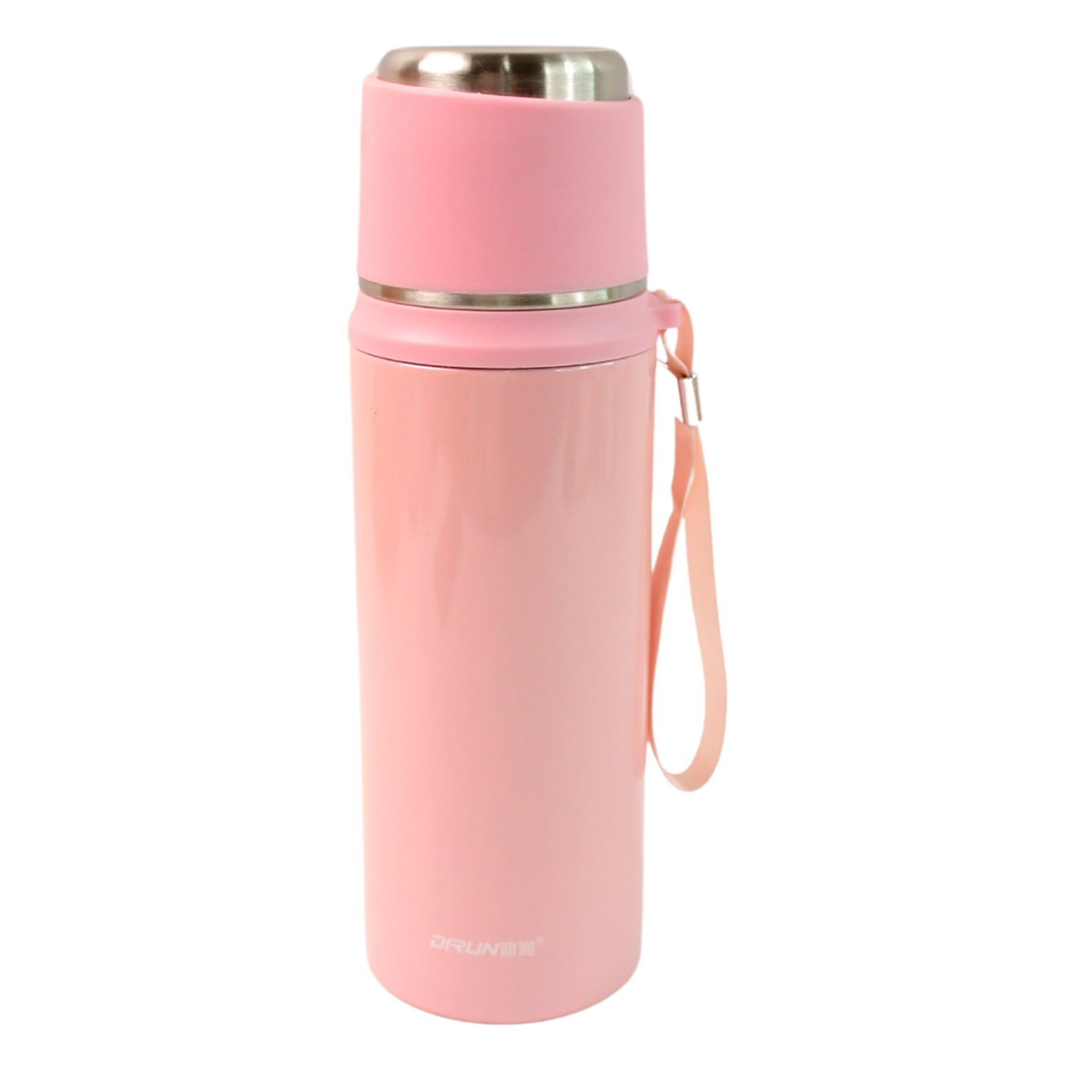 Pink 600ml insulated water bottle with stainless steel lid and carrying strap by Superior eMart