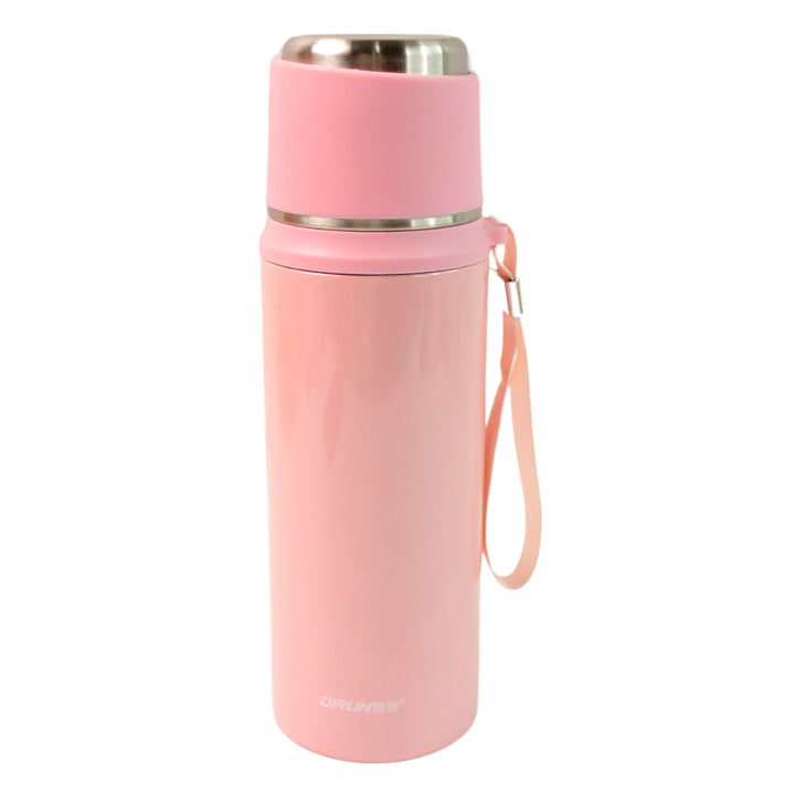 Pink 600ml insulated water bottle with stainless steel lid and carrying strap by Superior eMart