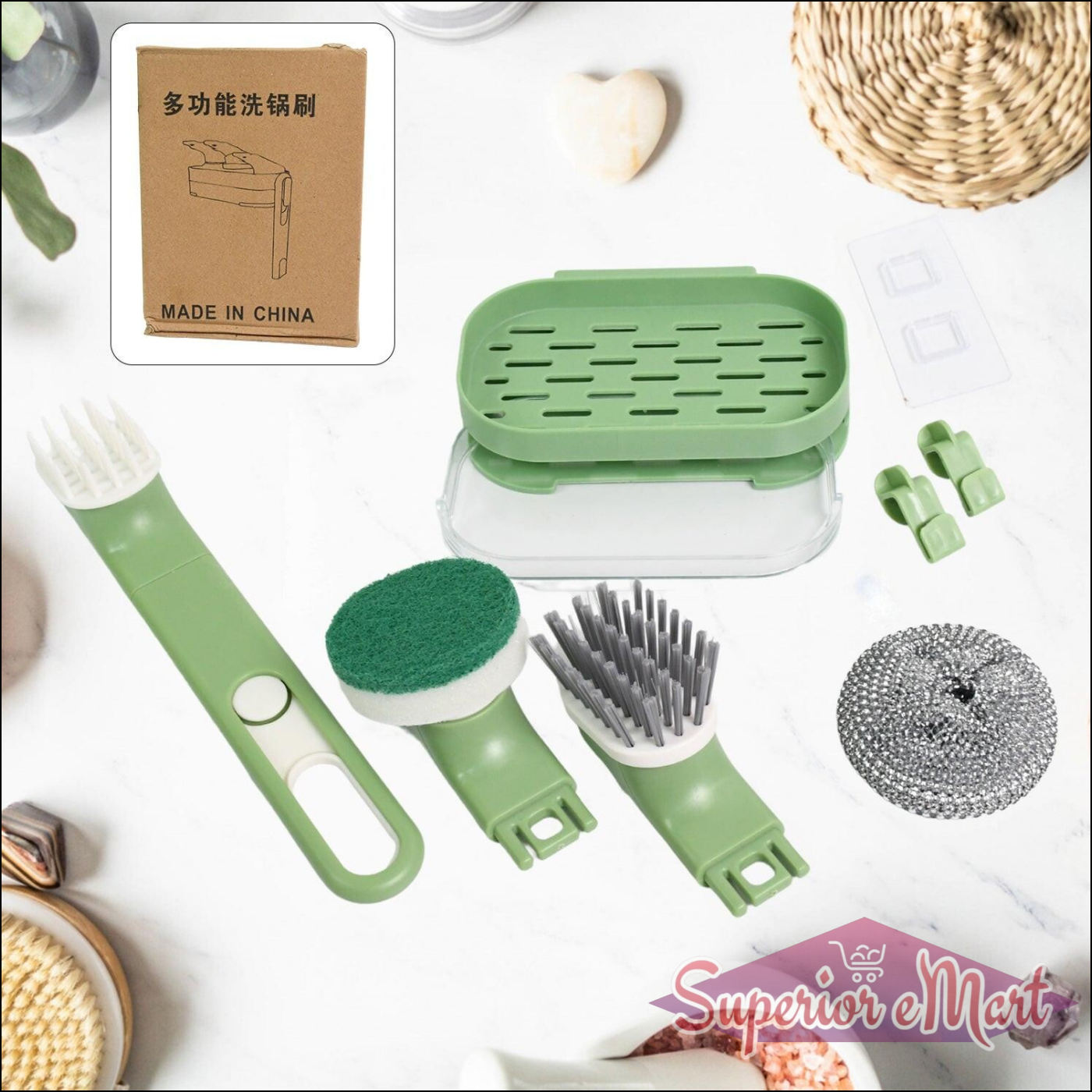 Dish Brush Set With Handle Replacement Heads Drain Tray In Kitchen (9 Pcs Set) - Superior eMart