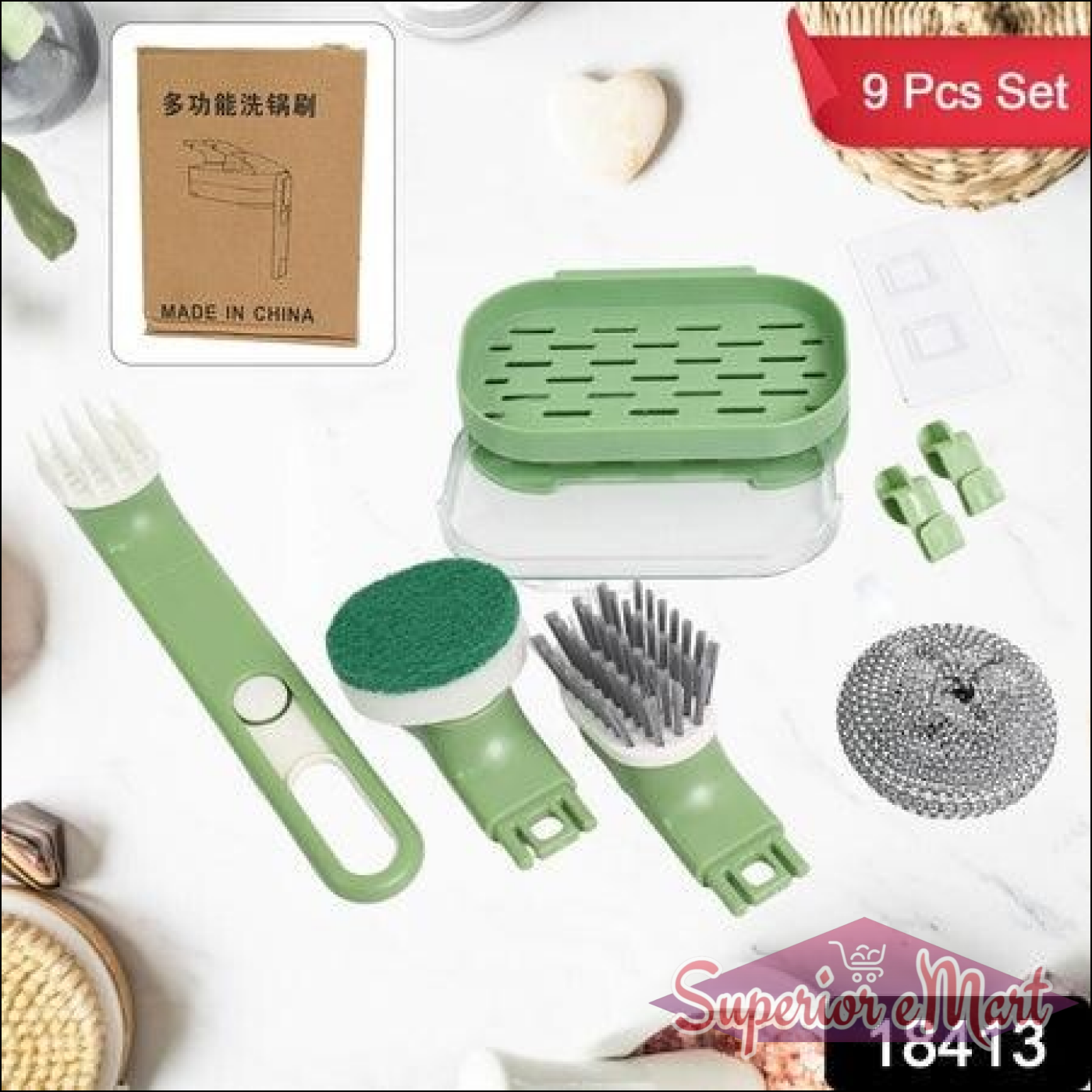 Dish Brush Set With Handle Replacement Heads Drain Tray In Kitchen (9 Pcs Set) - Superior eMart