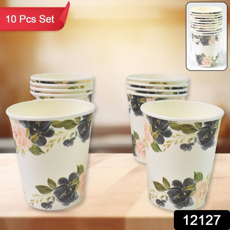 Floral design disposable paper cups set of 10 for parties and events, ideal for hot and cold beverages