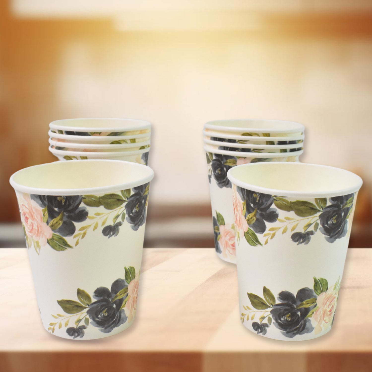 Elegant disposable paper cups set with floral design, perfect for parties and everyday use