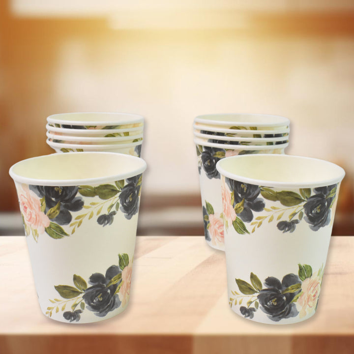 Elegant disposable paper cups set with floral design, perfect for parties and everyday use