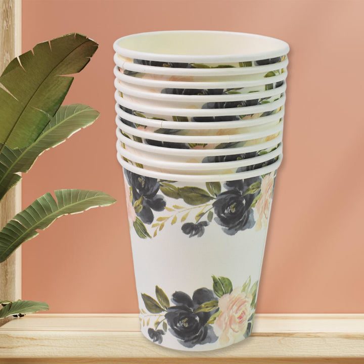 Set of disposable paper cups with floral design perfect for parties and events