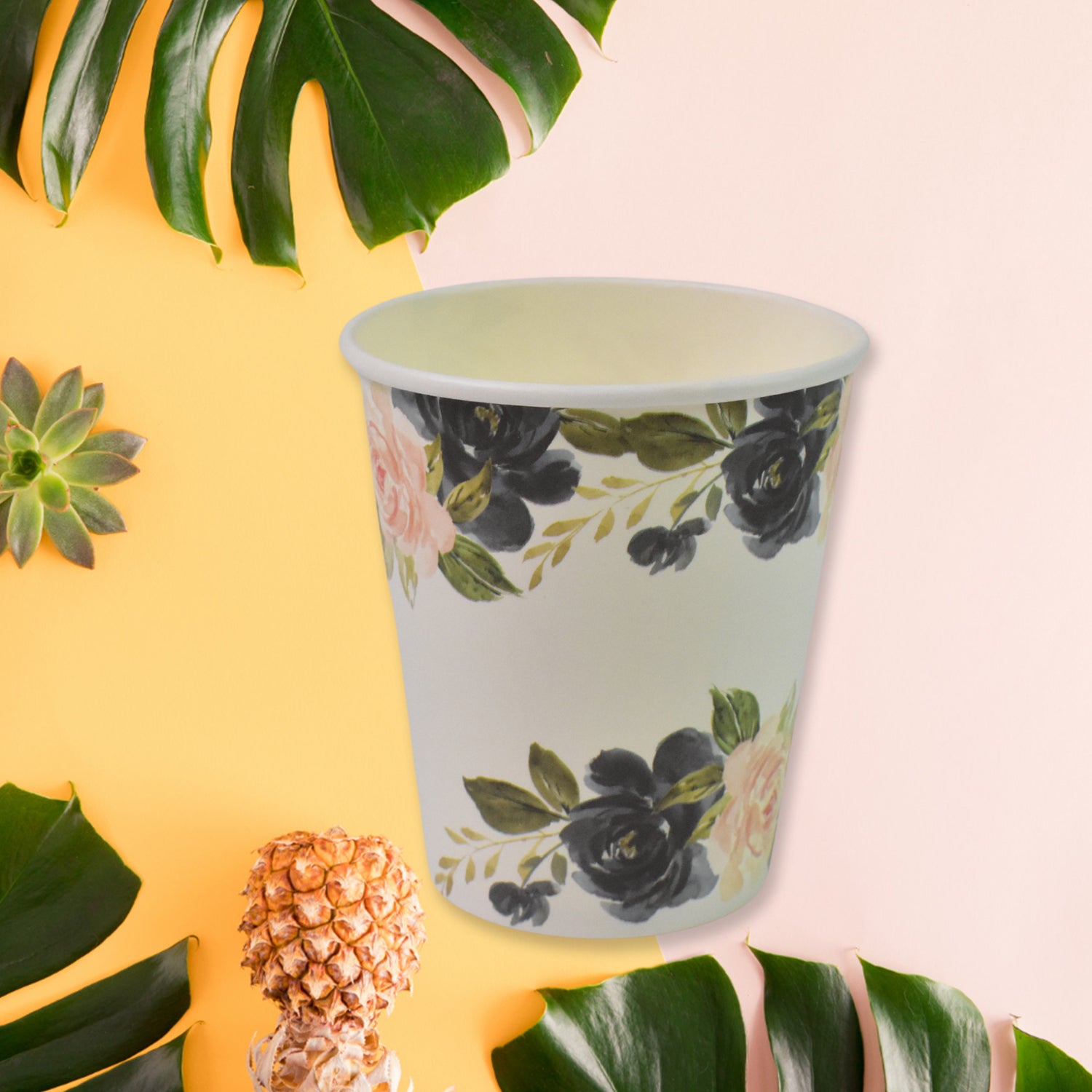 Floral disposable paper cups set with elegant design for parties and events