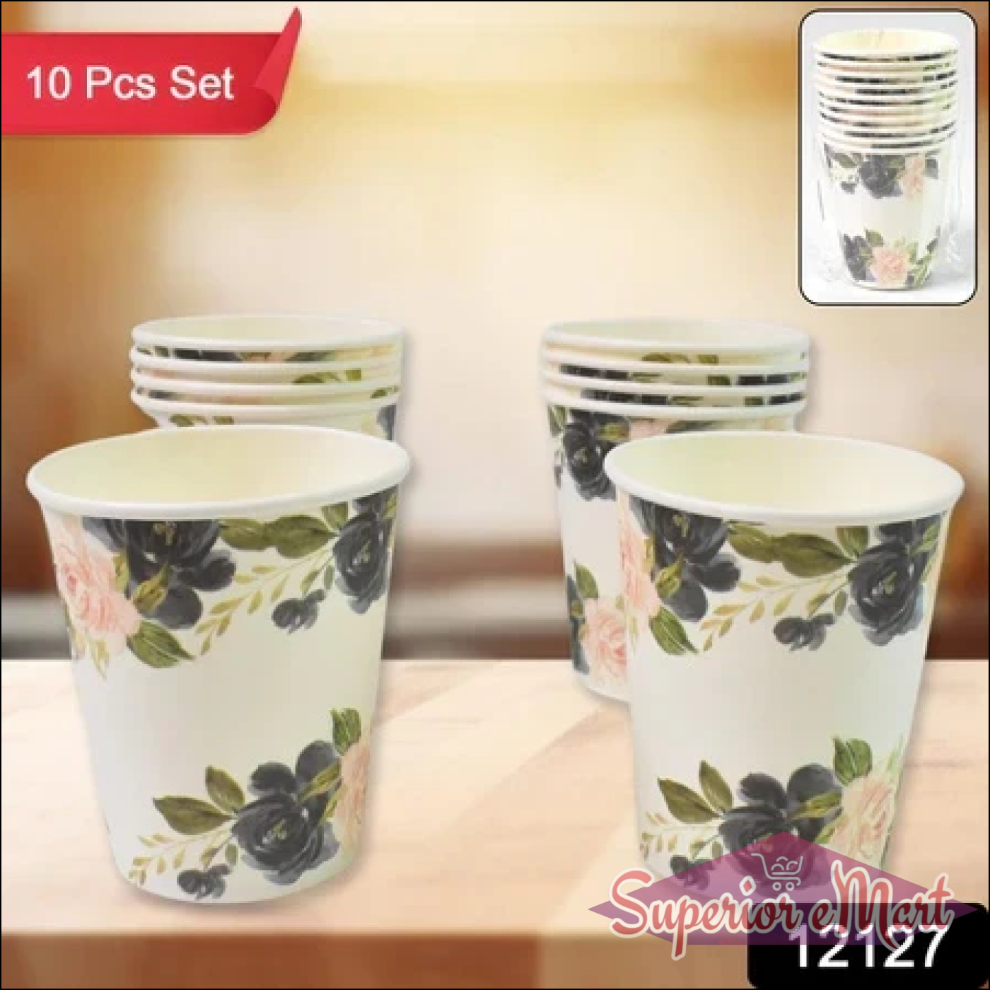 Floral design disposable paper cups set of 10 for parties and events, ideal for hot and cold beverages