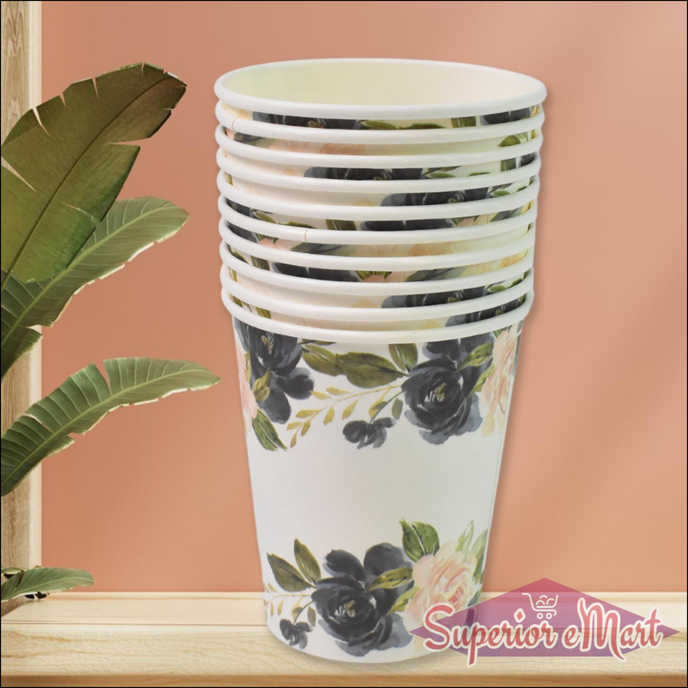 Set of disposable paper cups with floral design perfect for parties and events