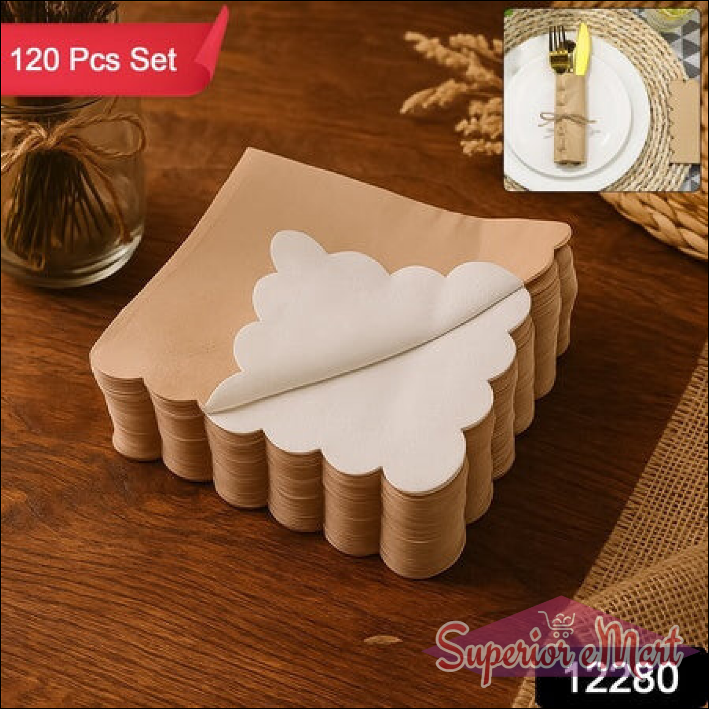 Scalloped edge disposable napkins in a stack for elegant dining events and gatherings