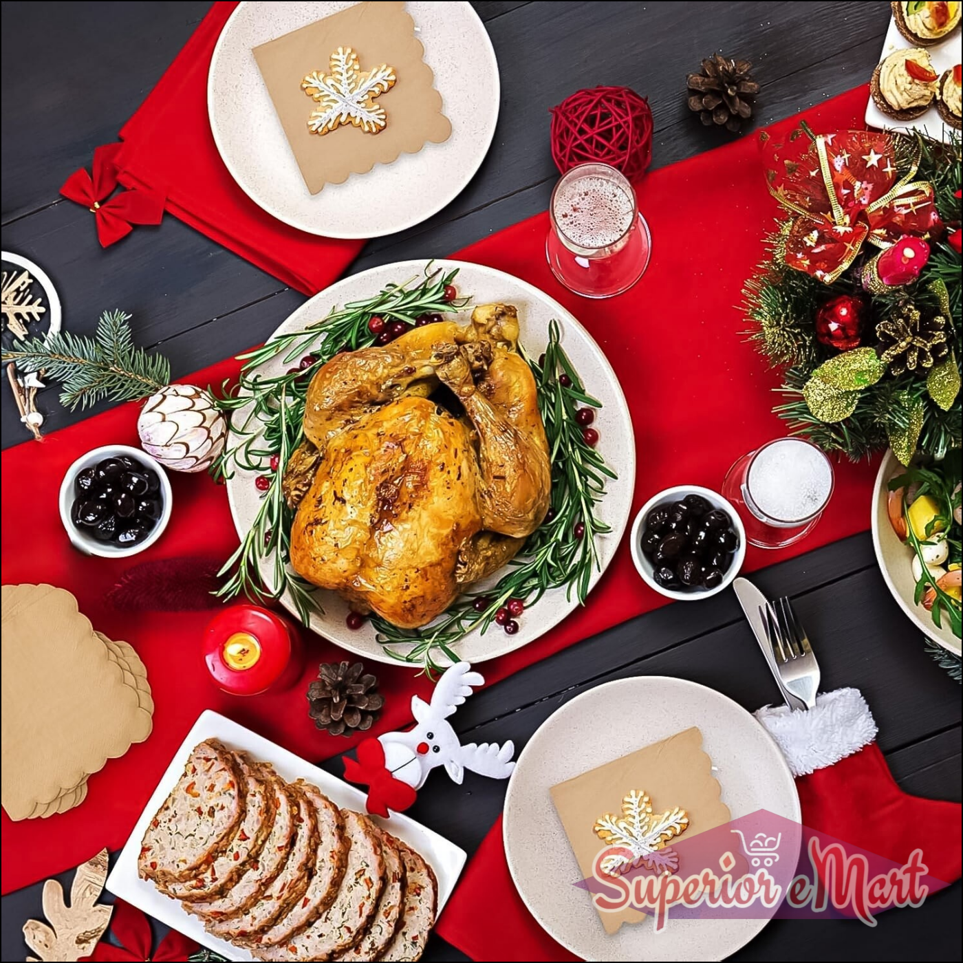 Elegant table setting with scalloped edge disposable napkins and a roast chicken centerpiece