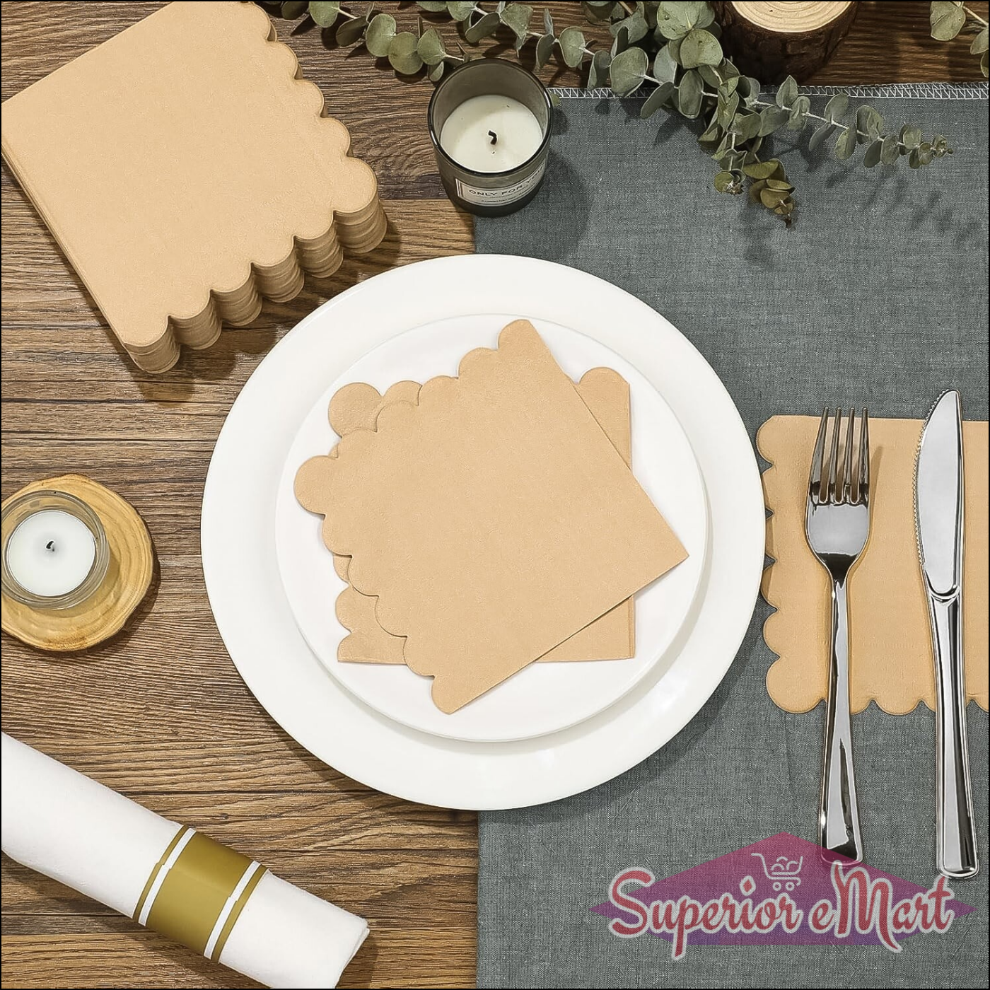 Scalloped edge disposable napkins packaged neatly on a dining table setting with tableware