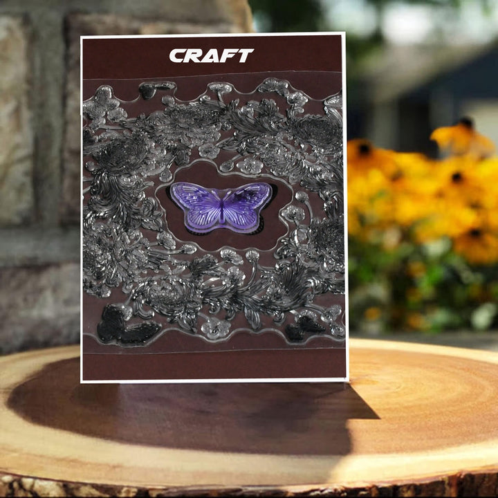 DIY transparent rubber stamp set featuring intricate floral designs and a butterfly for creative crafting