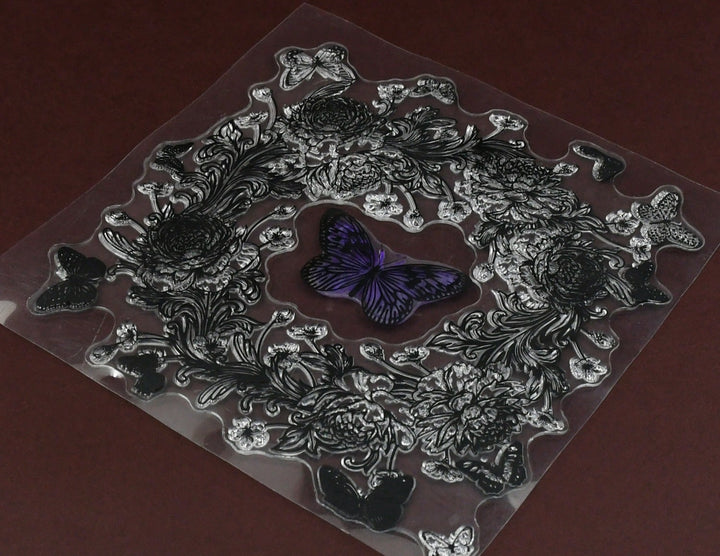 DIY transparent rubber stamp set with floral and butterfly designs for paper crafts