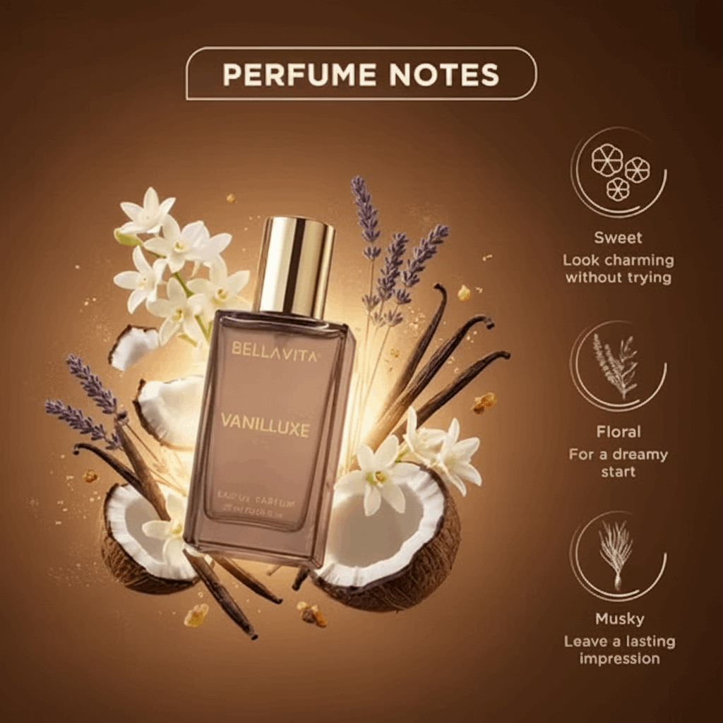 Bellavita Vanilluxe perfume bottle with vanilla beans, flowers, and coconuts on a brown background