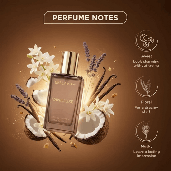 Bellavita Vanilluxe perfume bottle with vanilla beans, flowers, and coconuts on a brown background