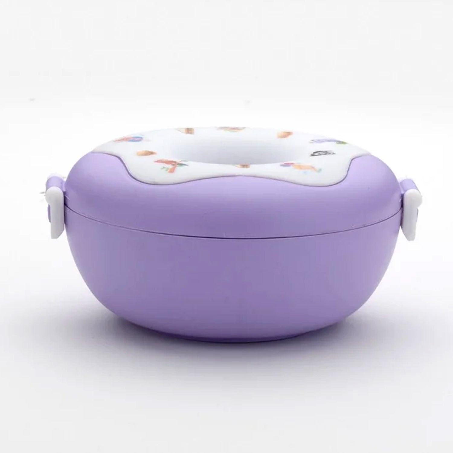 Purple donut shaped lunch box with colorful designs for kids' meals and snacks