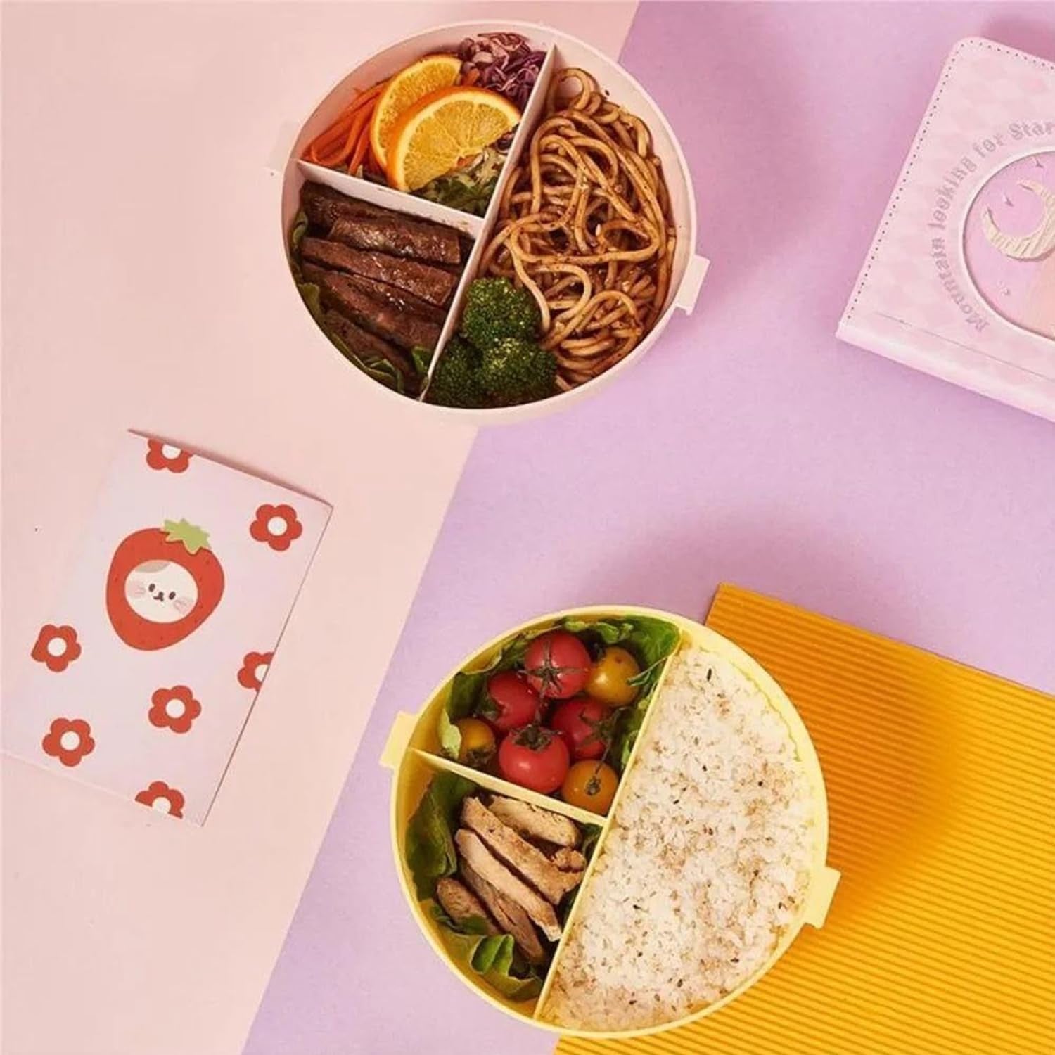 Colorful donut shaped lunch box divided for healthy meal storage with fruits and vegetables