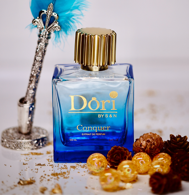 Dori by S&N Conquer Men Parfume in a blue bottle with decorative elements and golden accents