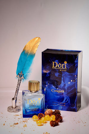 Dori Conquer Men Parfume in Blue Bottle with Decorative Elements and Feather for a Luxurious Touch