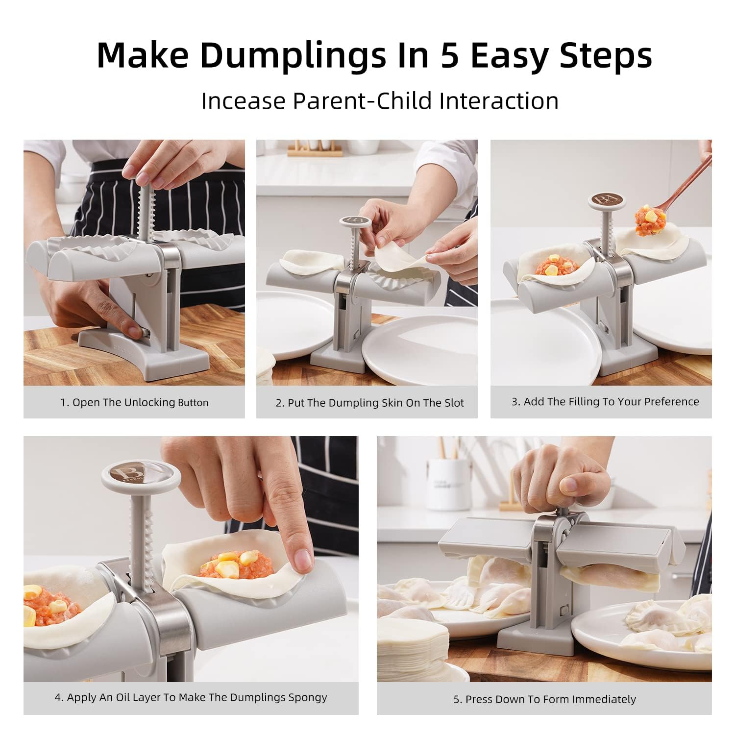 Double head dumpling maker showing steps for easy dumpling preparation in five simple steps