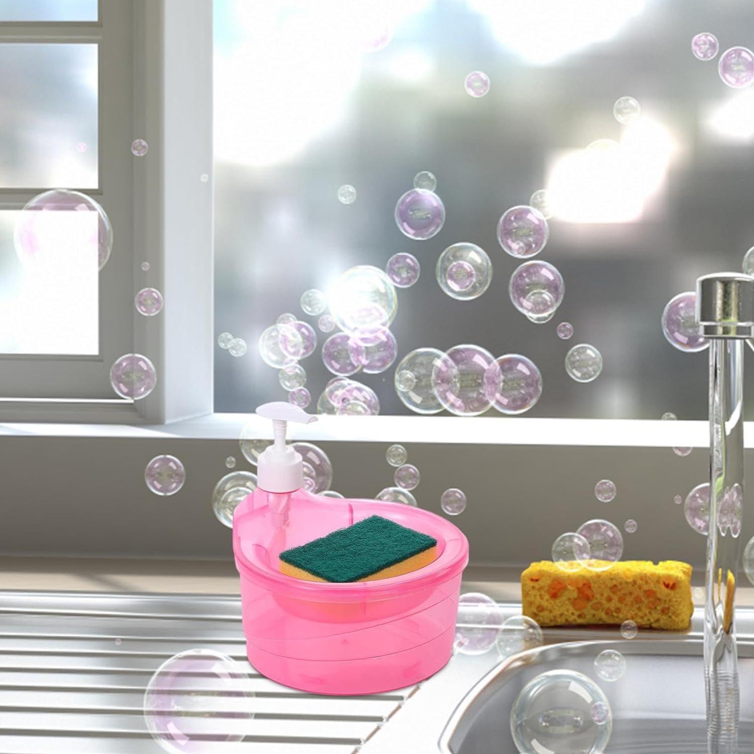 Superior eMart double layer soap dispenser with sponge in pink placed near kitchen sink with bubbles