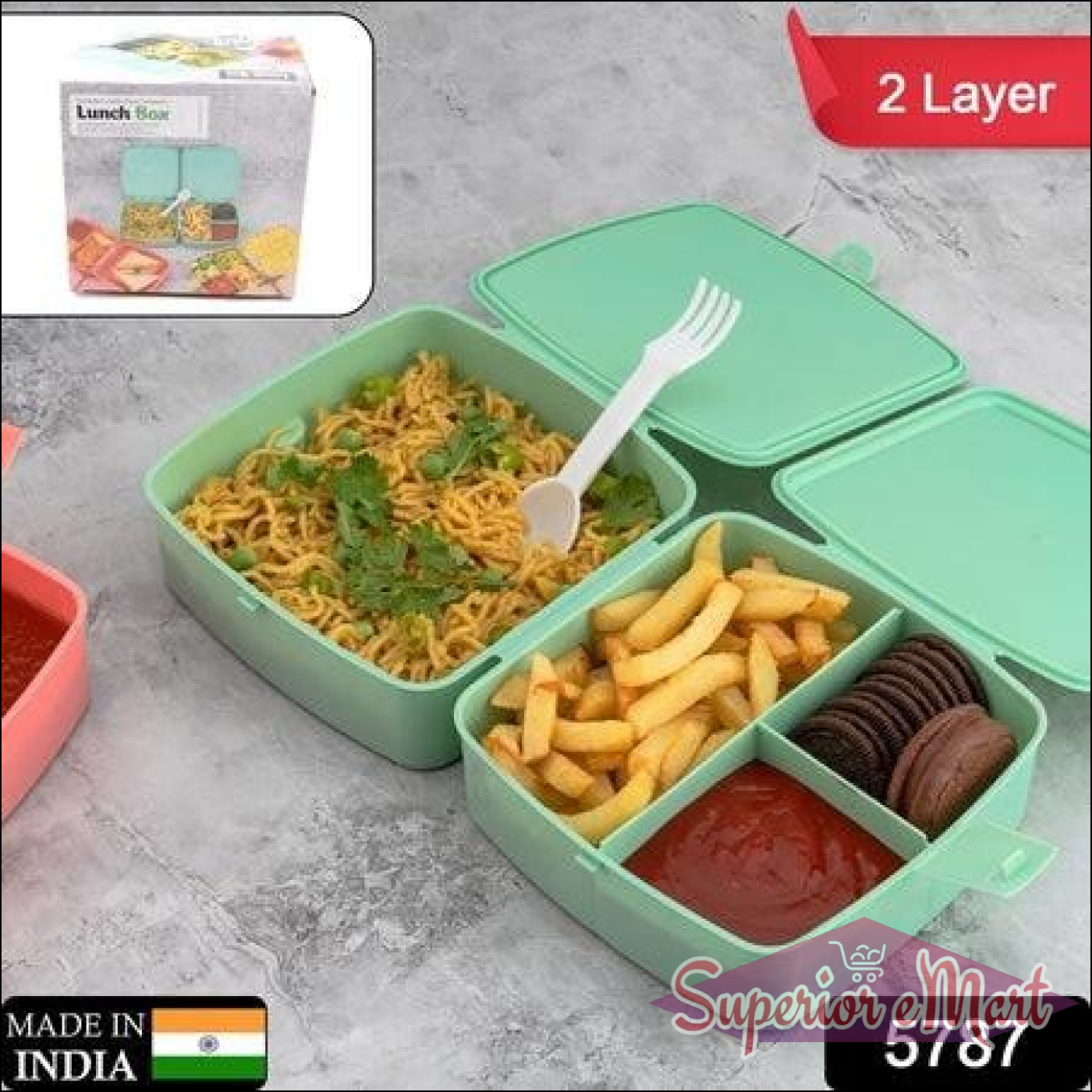 Double-Layer Square Lunch Box with Spoon , 4 Compartment Tiffin & Push Lock , Tiffin Box for Travelling, School Kids & Office Exclusive, Home - Superior eMart