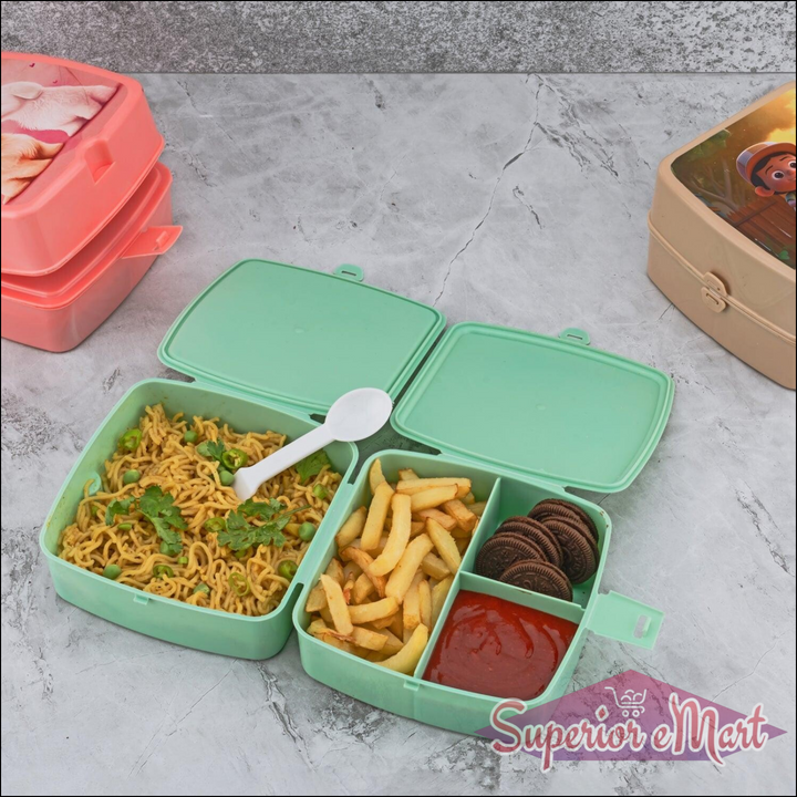 Double-Layer Square Lunch Box with Spoon , 4 Compartment Tiffin & Push Lock , Tiffin Box for Travelling, School Kids & Office Exclusive, Home - Superior eMart