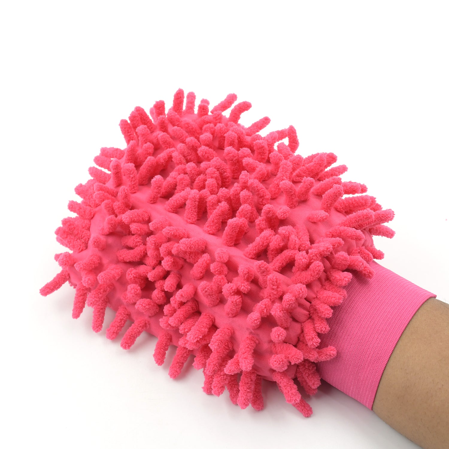 Pink double sided microfiber glove for effective cleaning and dusting in the garden