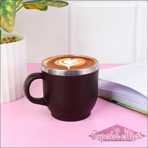 Double wall stainless steel mug set with a sleek black design and silver rim, perfect for hot beverages