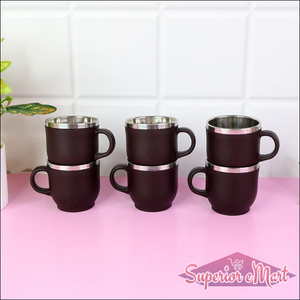 Double wall stainless steel mug set in black with ergonomic handles, perfect for hot or cold beverages