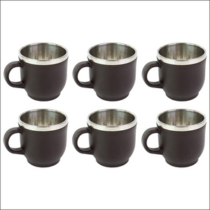 Double wall stainless steel mug set in six black mugs with sleek designs for hot or cold beverages