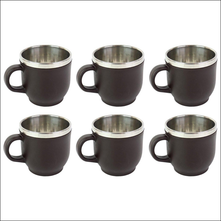 Double wall stainless steel mug set in six black mugs with sleek designs for hot or cold beverages
