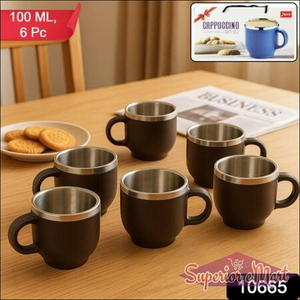Double wall stainless steel mug set with six cups in black and silver, perfect for coffee lovers
