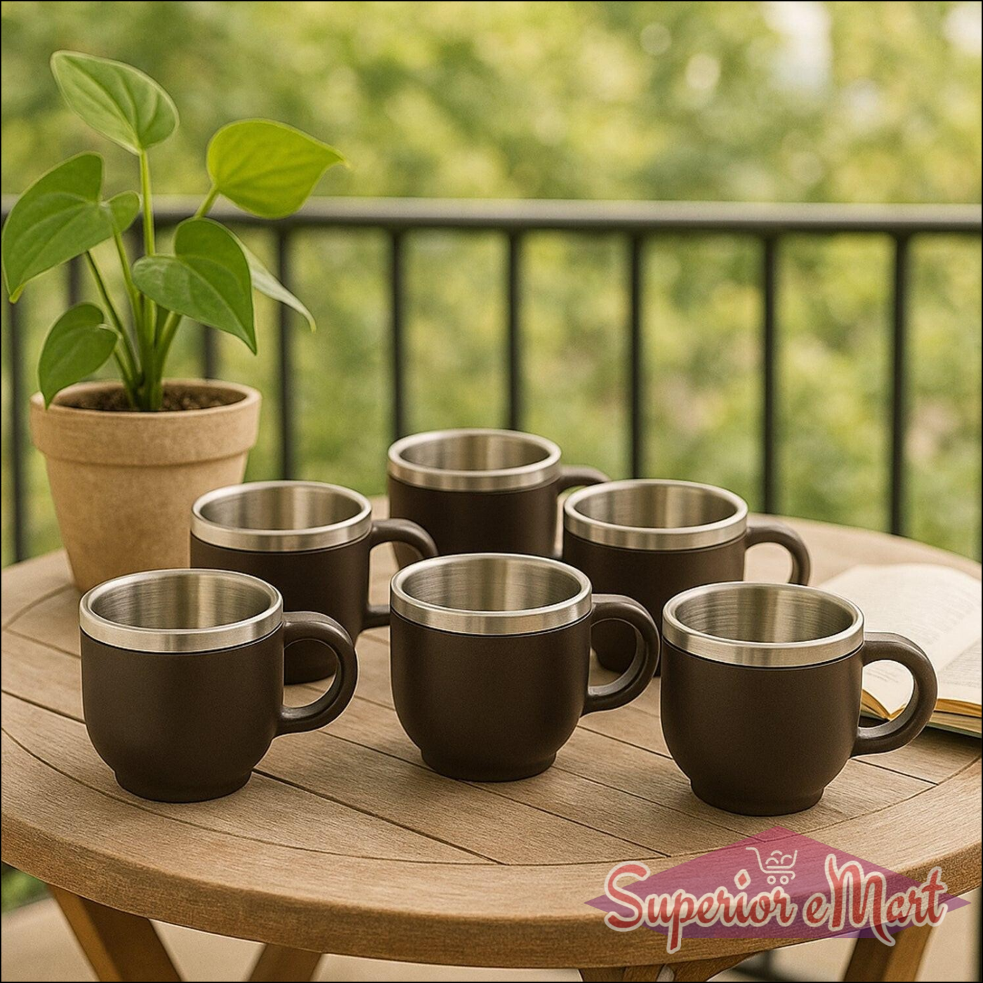 Set of black double wall stainless steel mug set on a wooden table with plant in background