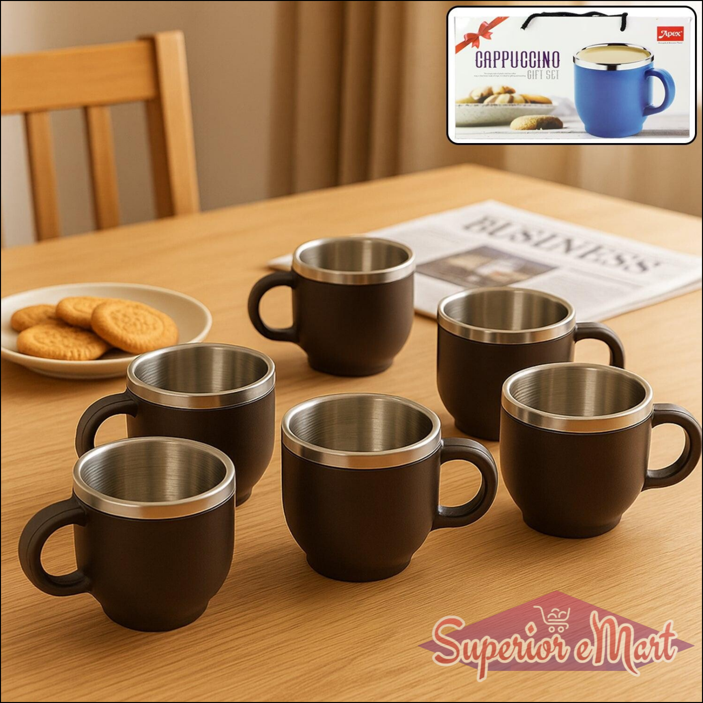 Double wall stainless steel mug set with six stylish mugs for hot beverages and coffee lovers