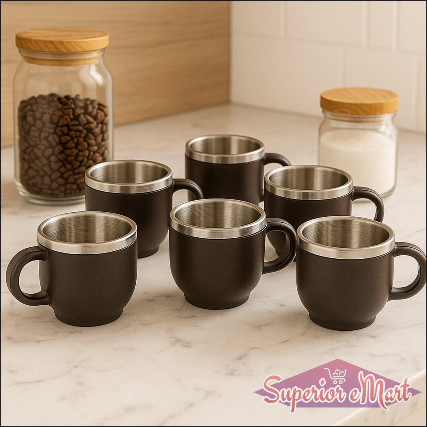 Double wall stainless steel mug set in black, perfect for coffee and tea lovers, includes six mugs