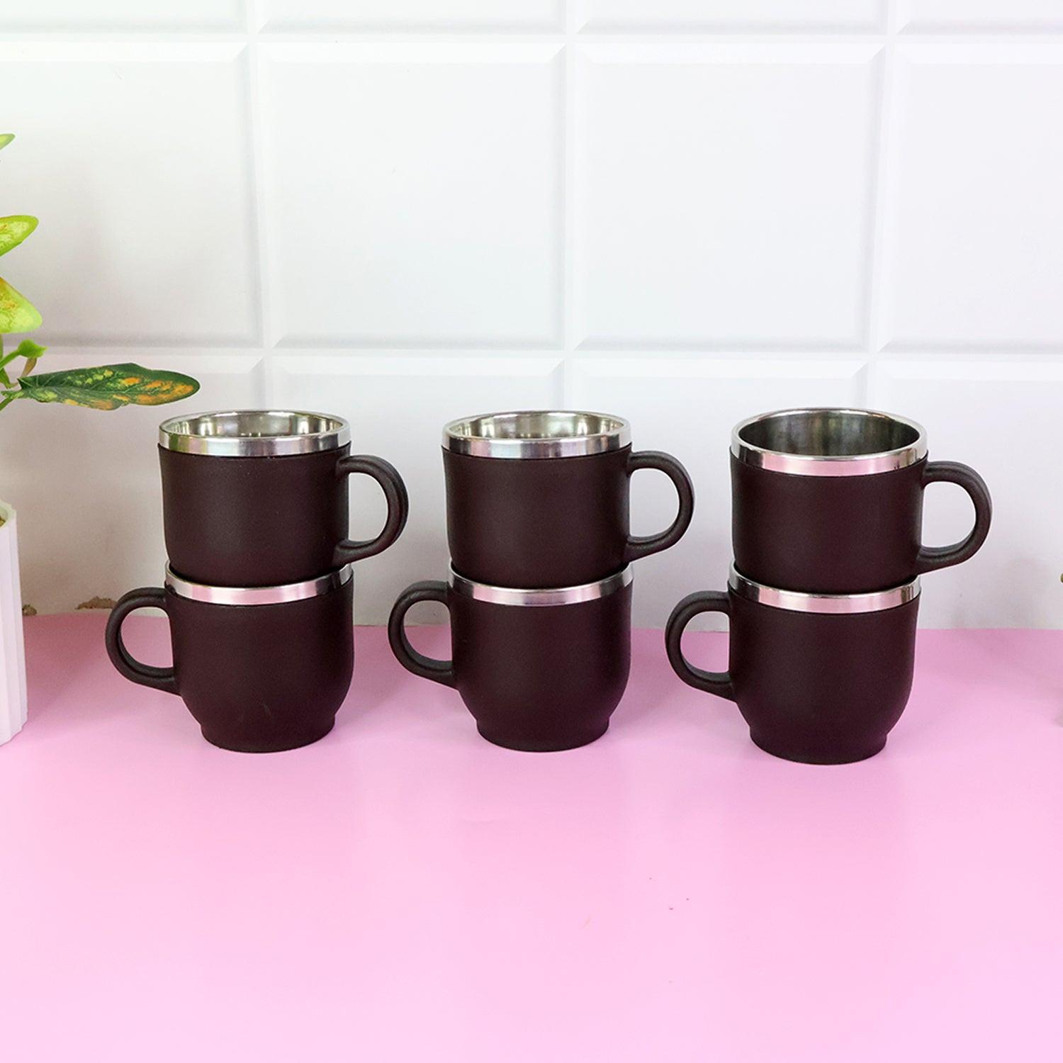 Double wall stainless steel mug set in black with ergonomic handles, perfect for hot or cold beverages