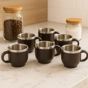 Double wall stainless steel mug set in black, perfect for coffee and tea lovers, includes six mugs