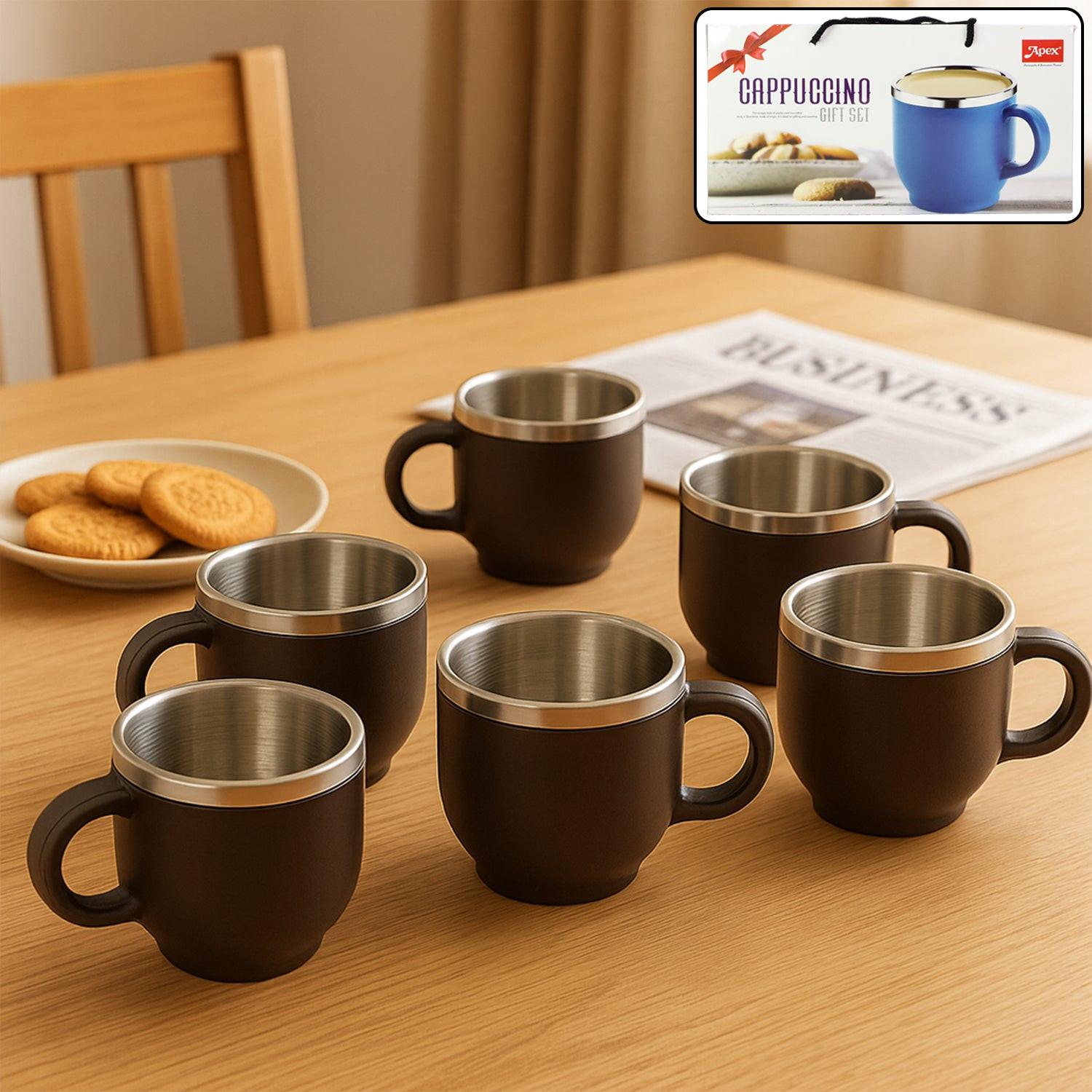 Double wall stainless steel mug set with six stylish mugs for hot beverages and coffee lovers